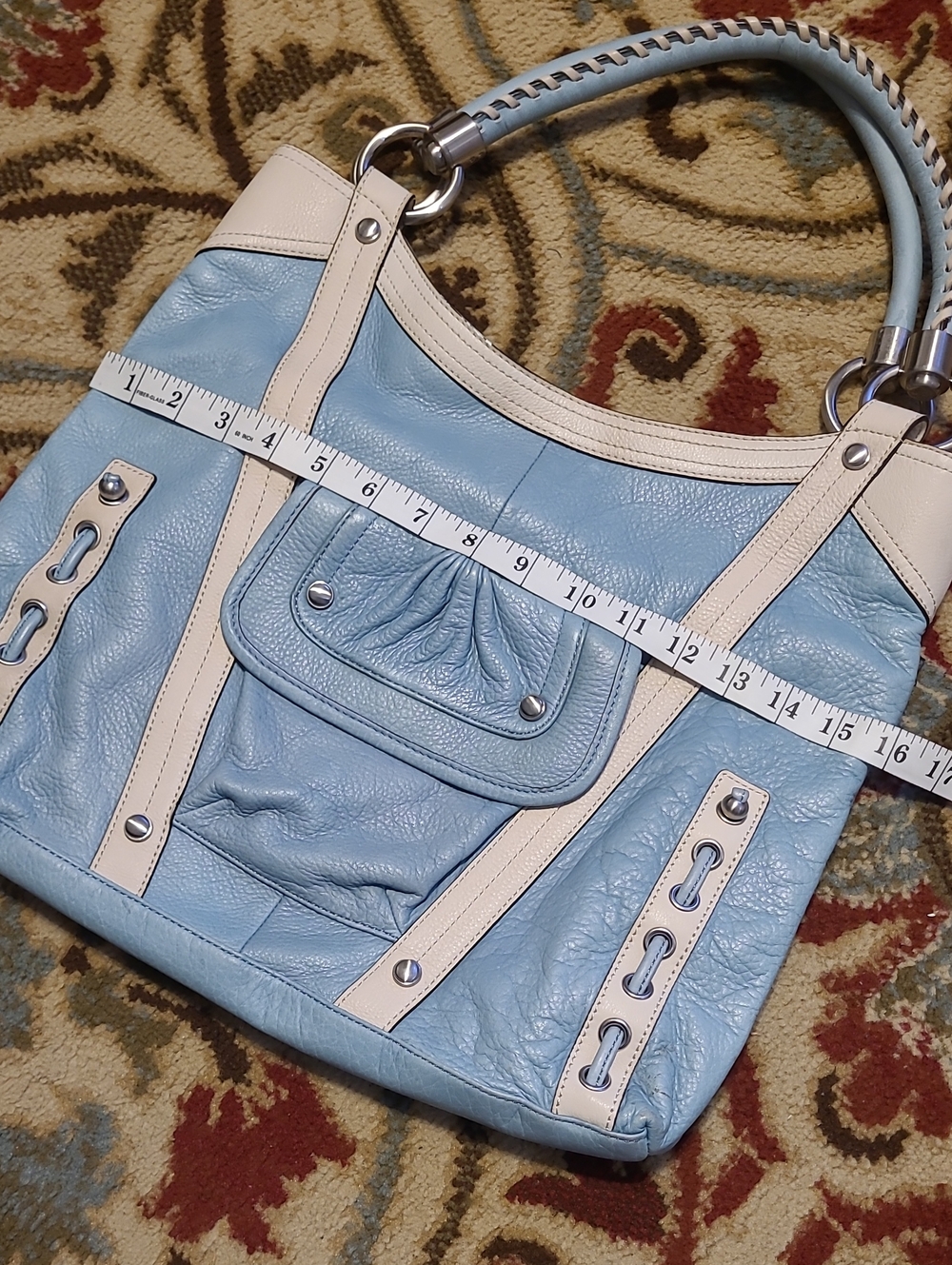 B. Makowsky Large Leather Hobo Satchel Sky Blue Cream Braided Rope Handles - Picture 11 of 16